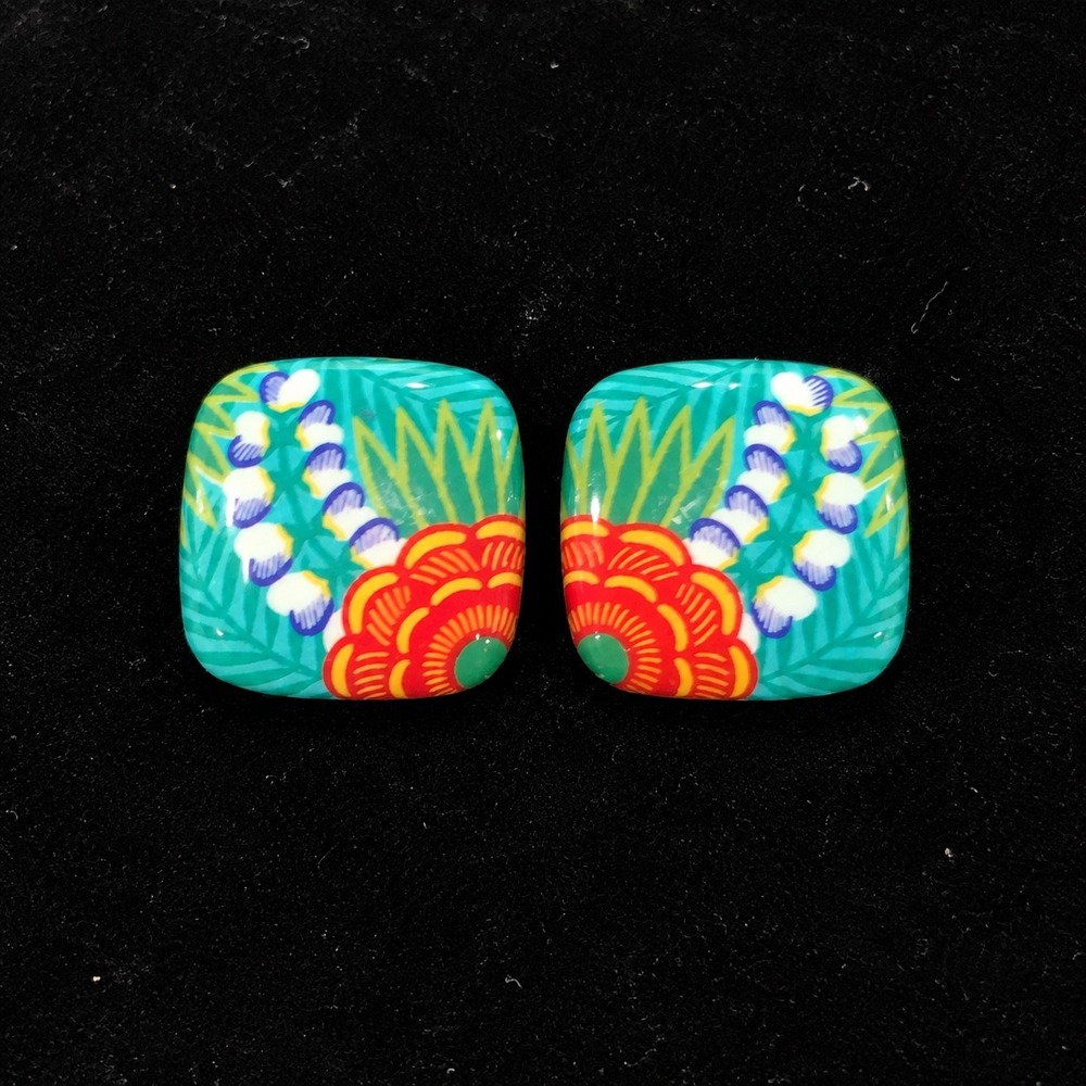 Avon Tropical Beauty Earrings Vtg 1987 Teal Red Lucite Floral Square Studs